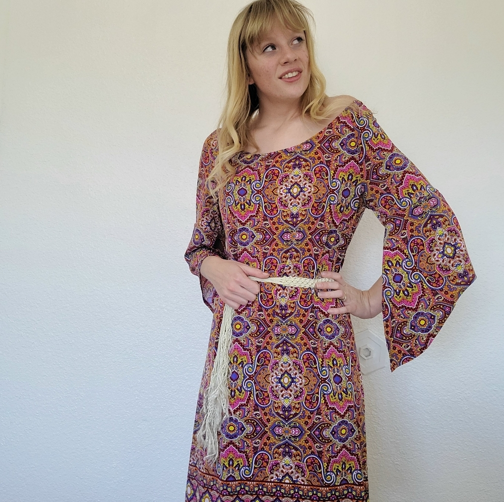 Colorful groovy 1970s inspired boho hippie dress